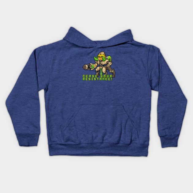 Overwatch - Orisa Pixel Quote Kids Hoodie by wyckedguitarist